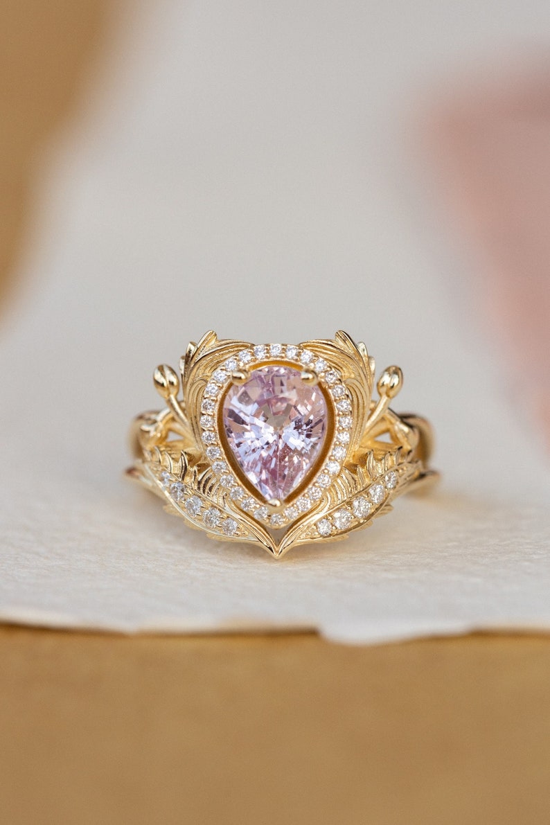 Genuine Pink Sapphire Engagement ring with Diamond Halo, Nature Inspired Ring, Gold Leaves Ring, Fantasy Engagement Ring, 14K 18K Gold image 1