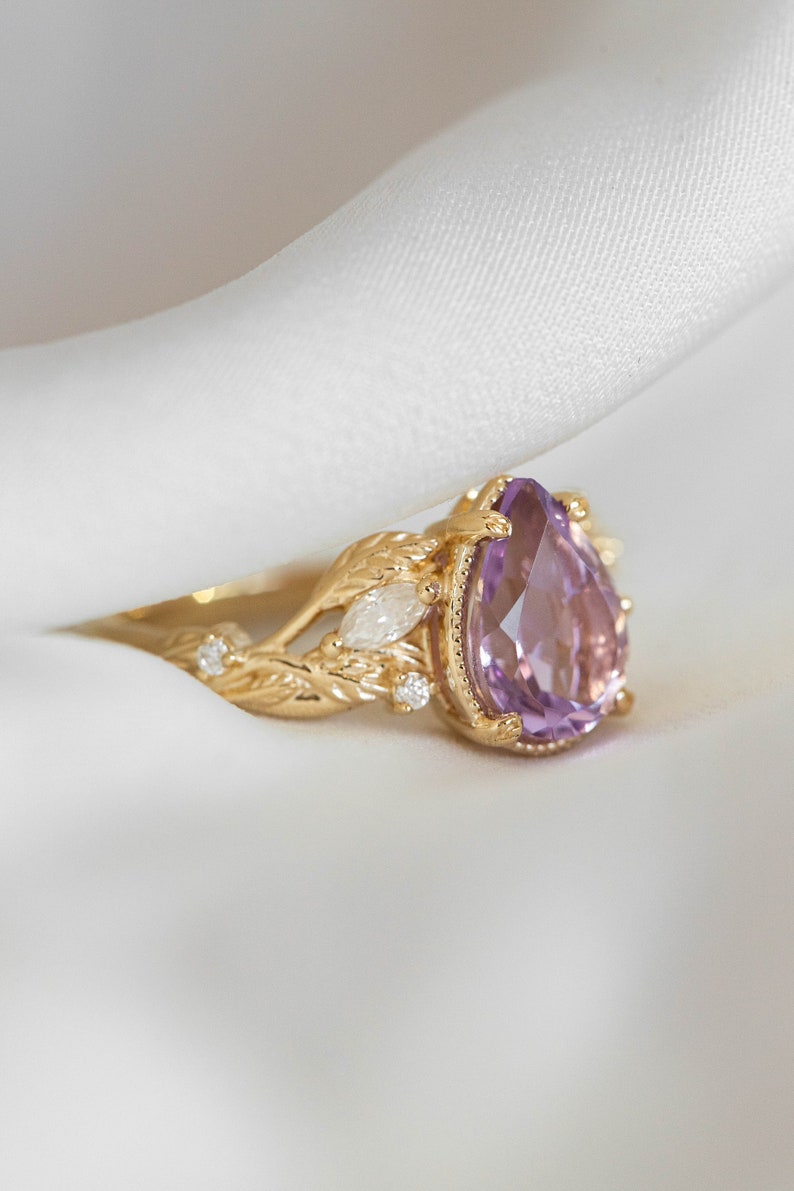 Large Amethyst Engagement Ring with Marquise Diamonds Leaves, Nature inspired Ring for Bride, Unusual Lavender Amethyst Ring 14k or 18k Gold image 1