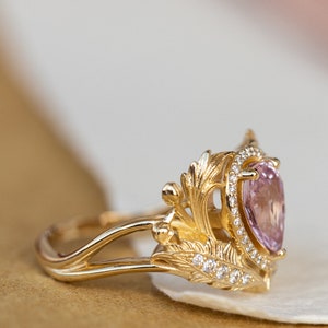 Genuine Pink Sapphire Engagement ring with Diamond Halo, Nature Inspired Ring, Gold Leaves Ring, Fantasy Engagement Ring, 14K 18K Gold image 4