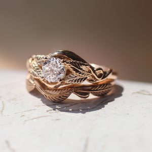Bridal ring set with moissanite, diamond engagement ring, twig wedding band, gold leaves ring, branch ring, stacking rings set, nature ring image 5