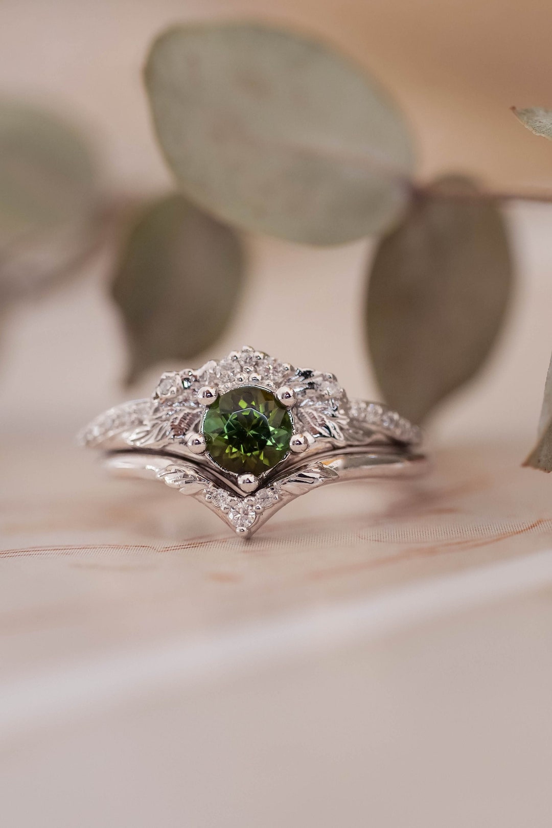 Green Tourmaline Ring for Engagement, White Gold Bridal Set, Leaf ...