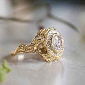 Gold Leaves on Branch Engagement Ring with Halo Round Lab Diamond, Leaf Engagement Ring Yellow Gold, Nature inspired Ethical Engagement Ring
