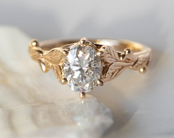 1.10 ct Eco Lab Grown Diamond Engagement ring, Elven Forest Wedding Engagement, Delicate Gold Leaves Branch Ring for Bride, 14k or 18k Gold