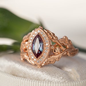 Celtic Engagement Ring with Diamond Halo and Marquise Alexandrite, Nature inspired Oak Leaf ring with Acorns, Leafy Branch ring 14K 18K Gold