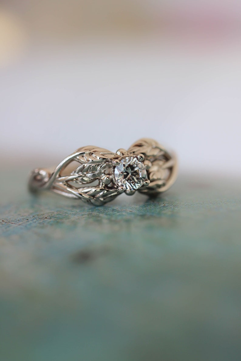 White gold engagement ring, natural diamond ring, nature inspired engagement ring, leaves ring, real diamond, leaf ring, unique ring woman image 5