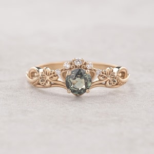 Irish Engagement Ring with Sapphire and Diamonds, Art Nouveau style Green Sapphire Ring, Elven forest Nature inspired Ring for Women