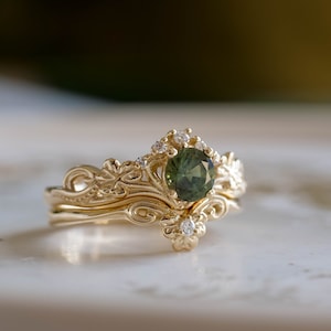 Elvish Green Sapphire Engagement Ring Set, Druidic Bridal Set