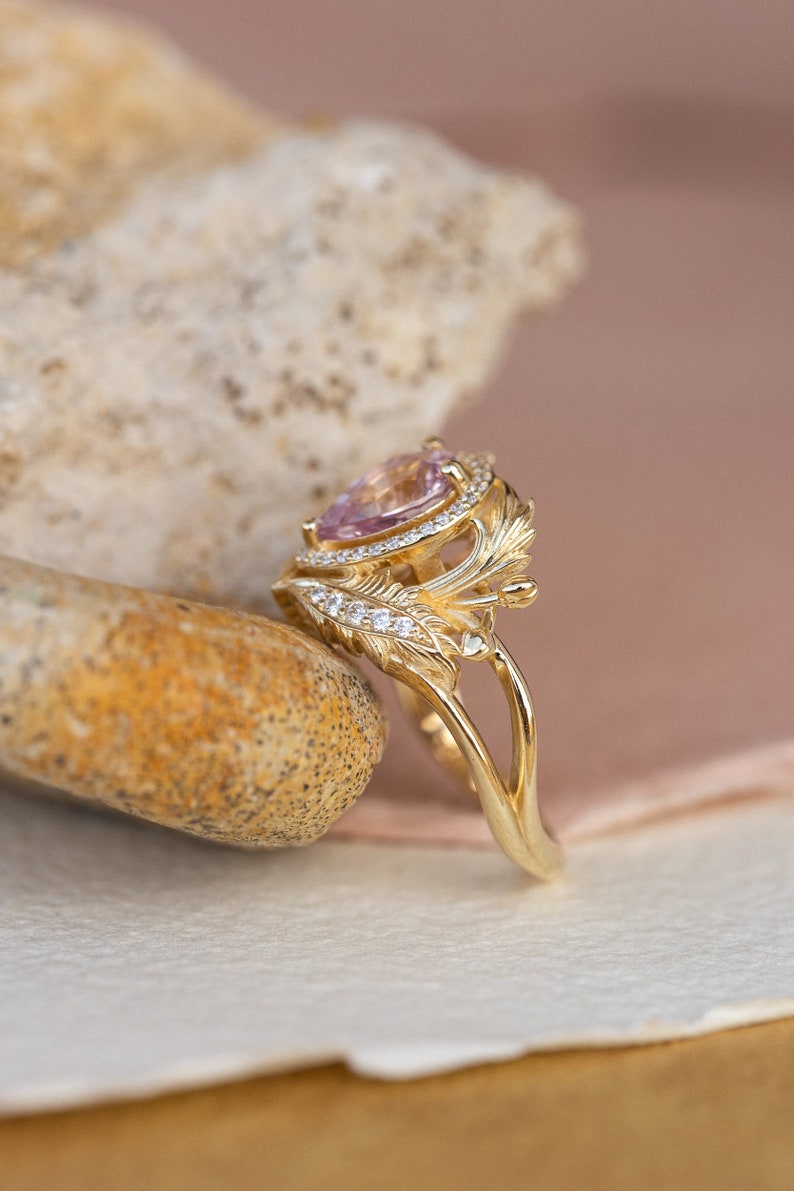 Genuine Pink Sapphire Engagement ring with Diamond Halo, Nature Inspired Ring, Gold Leaves Ring, Fantasy Engagement Ring, 14K 18K Gold image 10