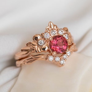 Pink Tourmaline Engagement Ring, Nature inspired Diamond Crown ring, 14k or 18k Rose Gold Nature Ring for Ethical Engagement image 10