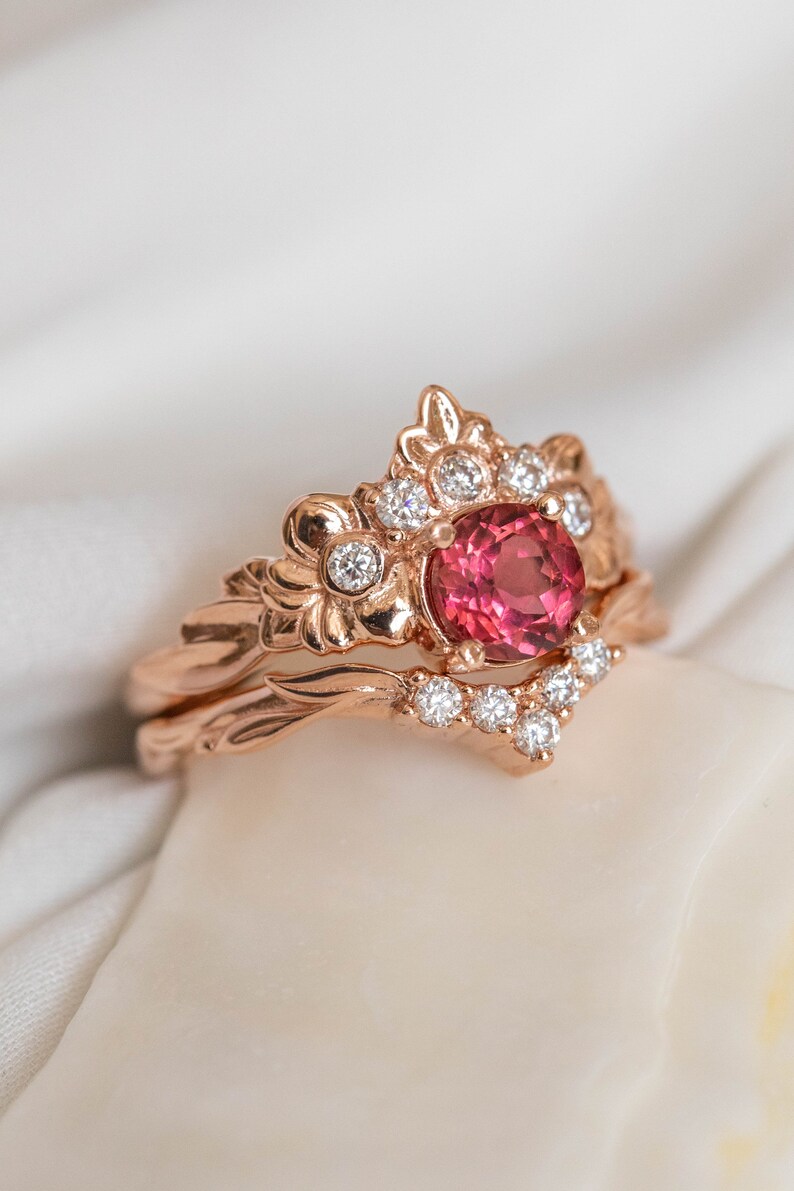 Pink Tourmaline Engagement Ring, Nature inspired Diamond Crown ring, 14k or 18k Rose Gold Nature Ring for Ethical Engagement image 10