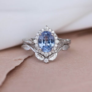 2 carat Oval Blue Sapphire Nature Inspired Engagement Ring Diamond Halo Sapphire Ring, White Gold Anniversary Ring for Women, 14K 18K Gold image 10