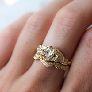 Bridal ring set with moissanite, diamond engagement ring, twig wedding band, gold leaves ring, branch ring, stacking rings set, nature ring image 2