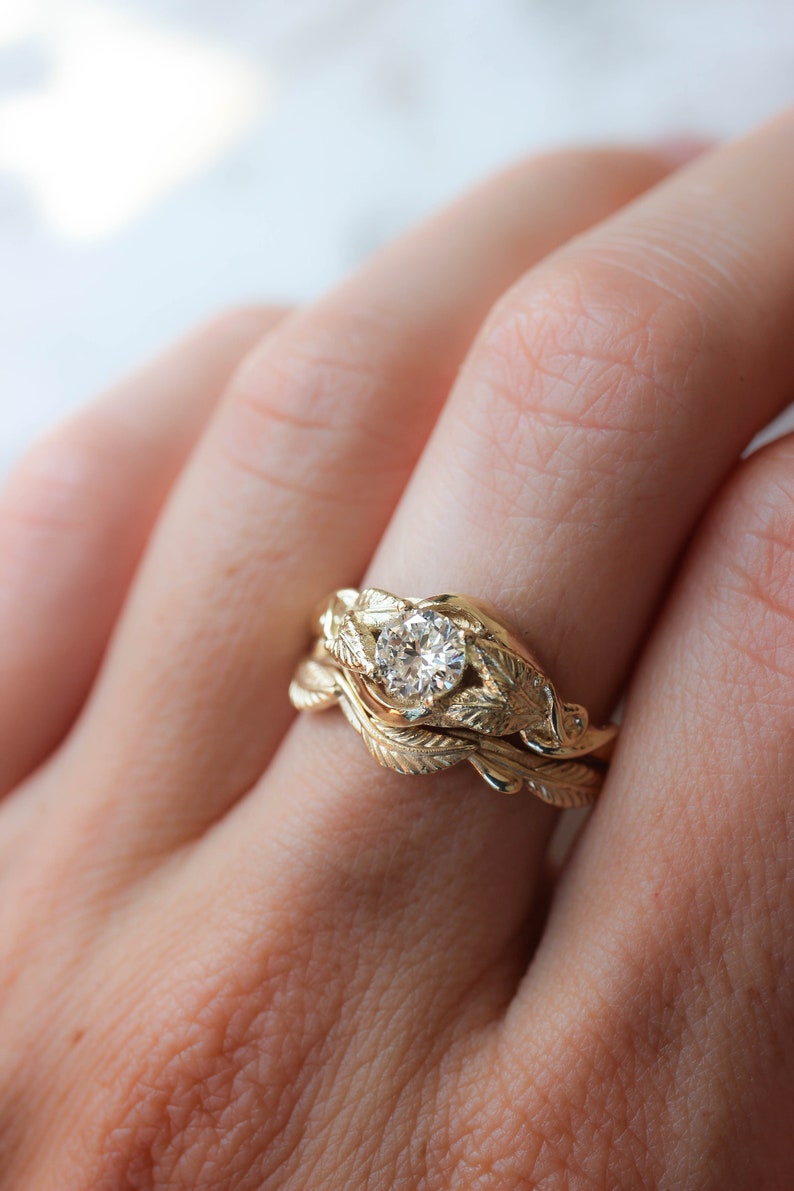 Bridal ring set with moissanite, diamond engagement ring, twig wedding band, gold leaves ring, branch ring, stacking rings set, nature ring image 2