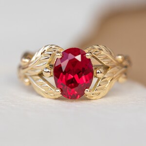 1.5 ct Lab Ruby Engagement Ring, Gold Leaves engagement ring, Nature inspired Proposal ring, Nature Wedding Shank type, 14k or 18k Gold