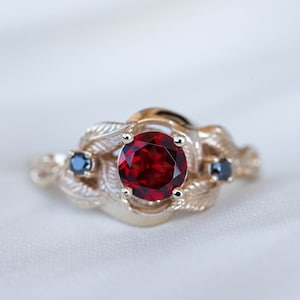 Natural Garnet Engagement Ring, Gold Leaves and Black Diamonds Nature Inspired Ring for Her, Elvish Ring, Unique Leaf Ring, 14K or 18K
