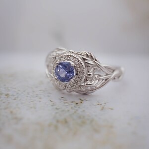 Sapphire Engagement Ring with Diamond Halo, White Gold Leaf Ring, Nature Inspired Ring, Leaf engagement ring, Light Blue Sapphire Ring image 5