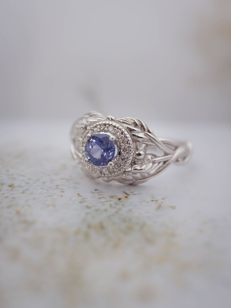 Sapphire Engagement Ring with Diamond Halo, White Gold Leaf Ring, Nature Inspired Ring, Leaf engagement ring, Light Blue Sapphire Ring image 5