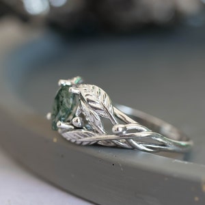 Natural Moss Agate Ring 14K or 18k Gold, Elvish Leaves Engagement Ring, Forest Green Gemstone Ring, Unique Promise Ring for Women image 2