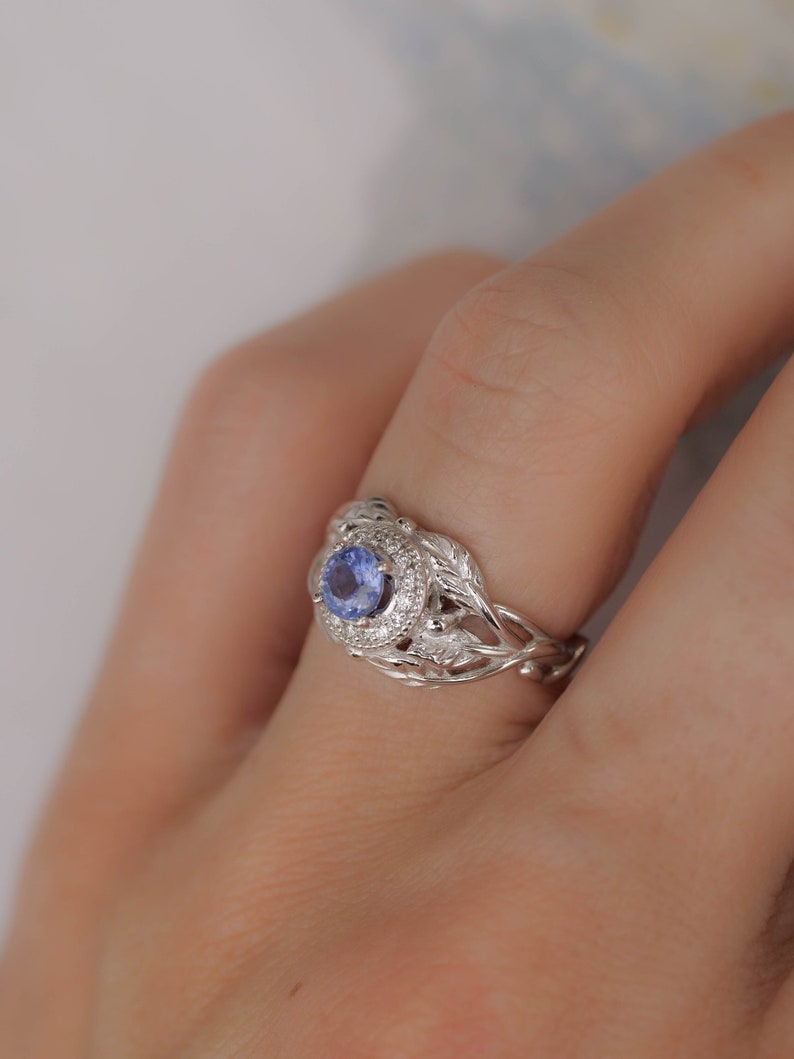 Sapphire Engagement Ring with Diamond Halo, White Gold Leaf Ring, Nature Inspired Ring, Leaf engagement ring, Light Blue Sapphire Ring image 1