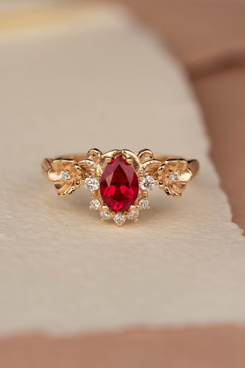 READY TO SHIP, Size 6-8 Us, Lab Ruby & Diamonds Engagement Ring Set, Gold Flower Bridal Ring Set, Nature Inspired Rings, Ring for Woman image 5