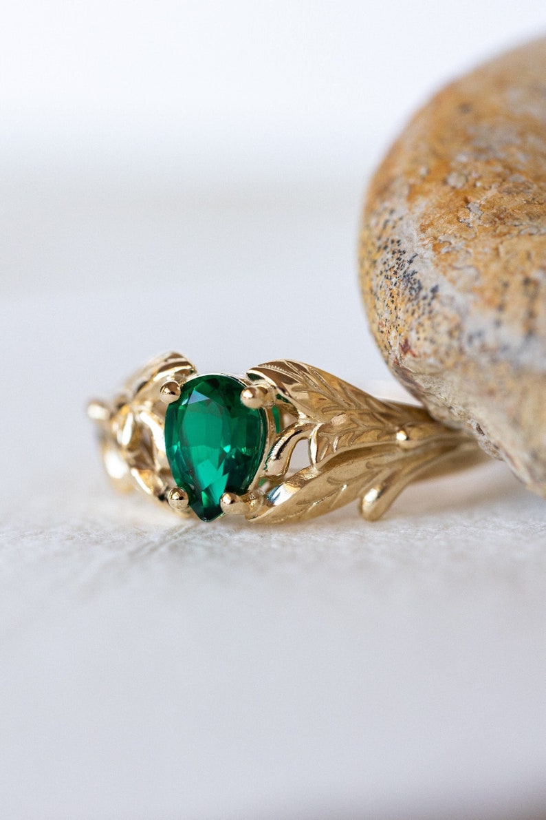 Emerald engagement ring, 14K yellow gold leaves ring, leaf ring for woman, unique engagement ring, synthetic emerald ring, teardrop ring image 1