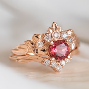 Pink Tourmaline Engagement Ring, Nature inspired Diamond Crown ring, 14k or 18k Rose Gold Nature Ring for Ethical Engagement image 6