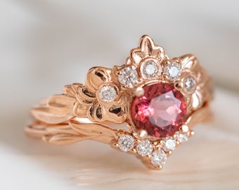 Pink Tourmaline Engagement Rings, Fantasy Nature inspired Diamond Crown ring and Five Diamond Wedding Band, 14k or 18k Gold Bridal Ring Set