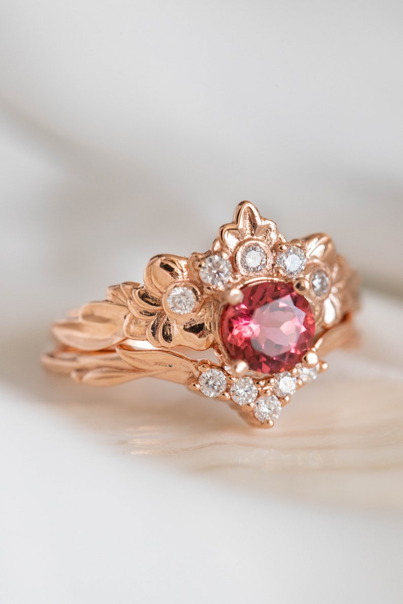 Pink Tourmaline Engagement Ring, Nature inspired Diamond Crown ring, 14k or 18k Rose Gold Nature Ring for Ethical Engagement image 6