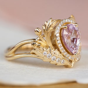 Genuine Pink Sapphire Engagement ring with Diamond Halo, Nature Inspired Ring, Gold Leaves Ring, Fantasy Engagement Ring, 14K 18K Gold image 2