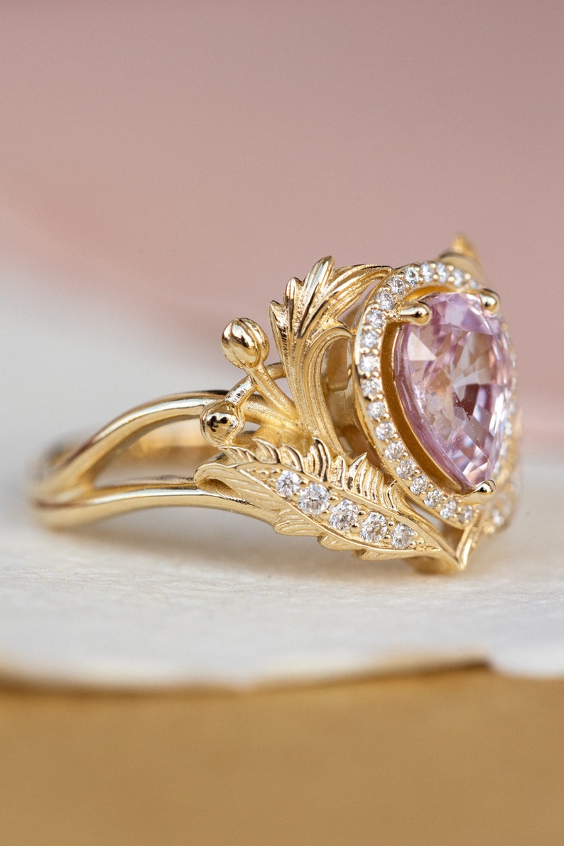 Genuine Pink Sapphire Engagement ring with Diamond Halo, Nature Inspired Ring, Gold Leaves Ring, Fantasy Engagement Ring, 14K 18K Gold image 2