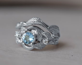 READY TO SHIP, Size 5.5 Us, Elvish Engagement Ring, Aquamarine Ring With Diamonds And Matching Twig Band, White Gold Ring Set, Nature Ring