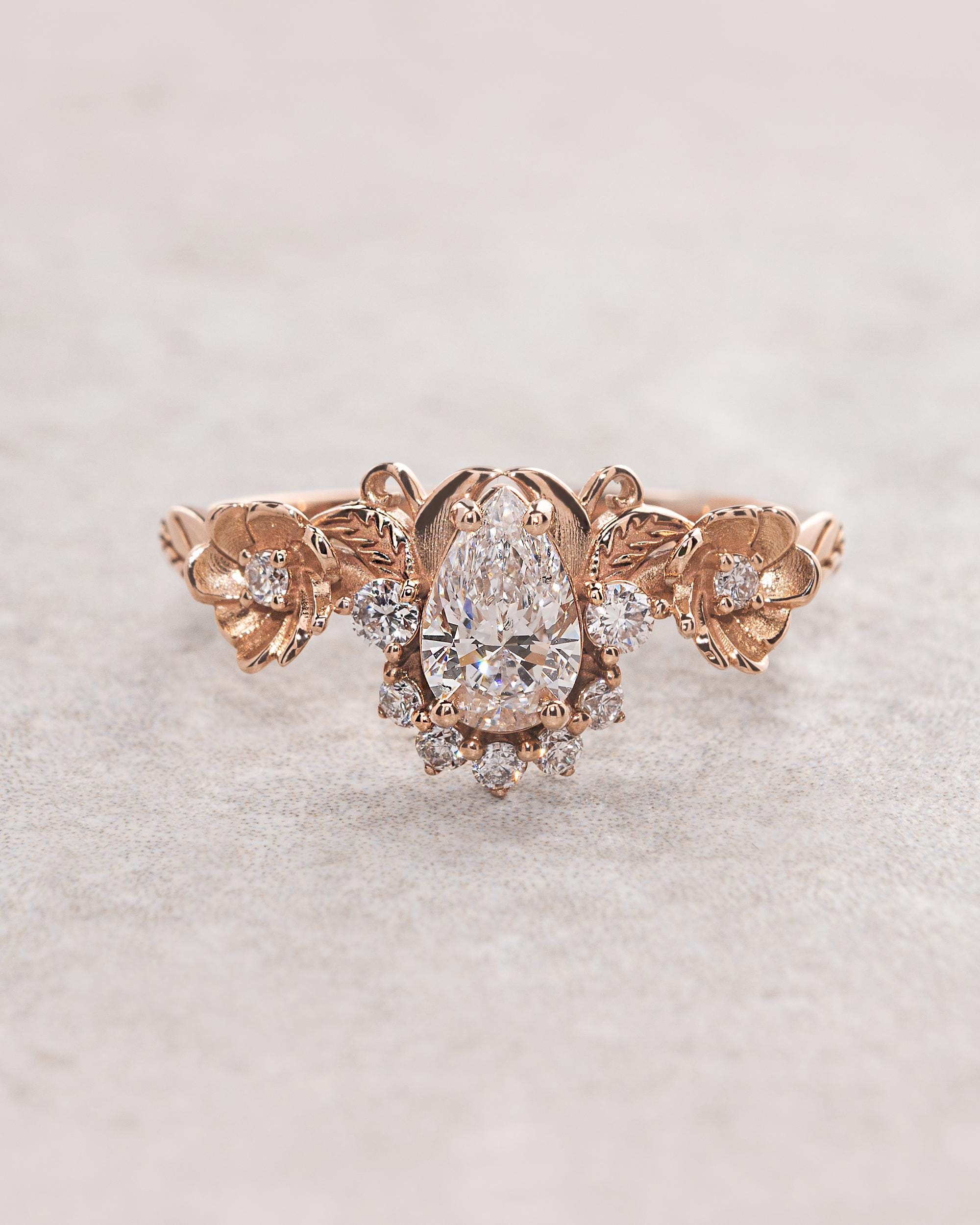 Floral engagement ring with sparkling diamonds, Lab grown diamond ring in nature inspired style, Elvish proposal ring with ethical diamonds