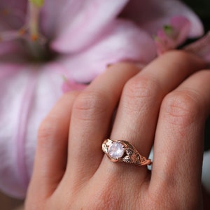 Rose quartz engagement ring, solid gold ring, leaves ring, ring for woman, unique ring, rose gold wedding band, romantic ring, nature ring image 3