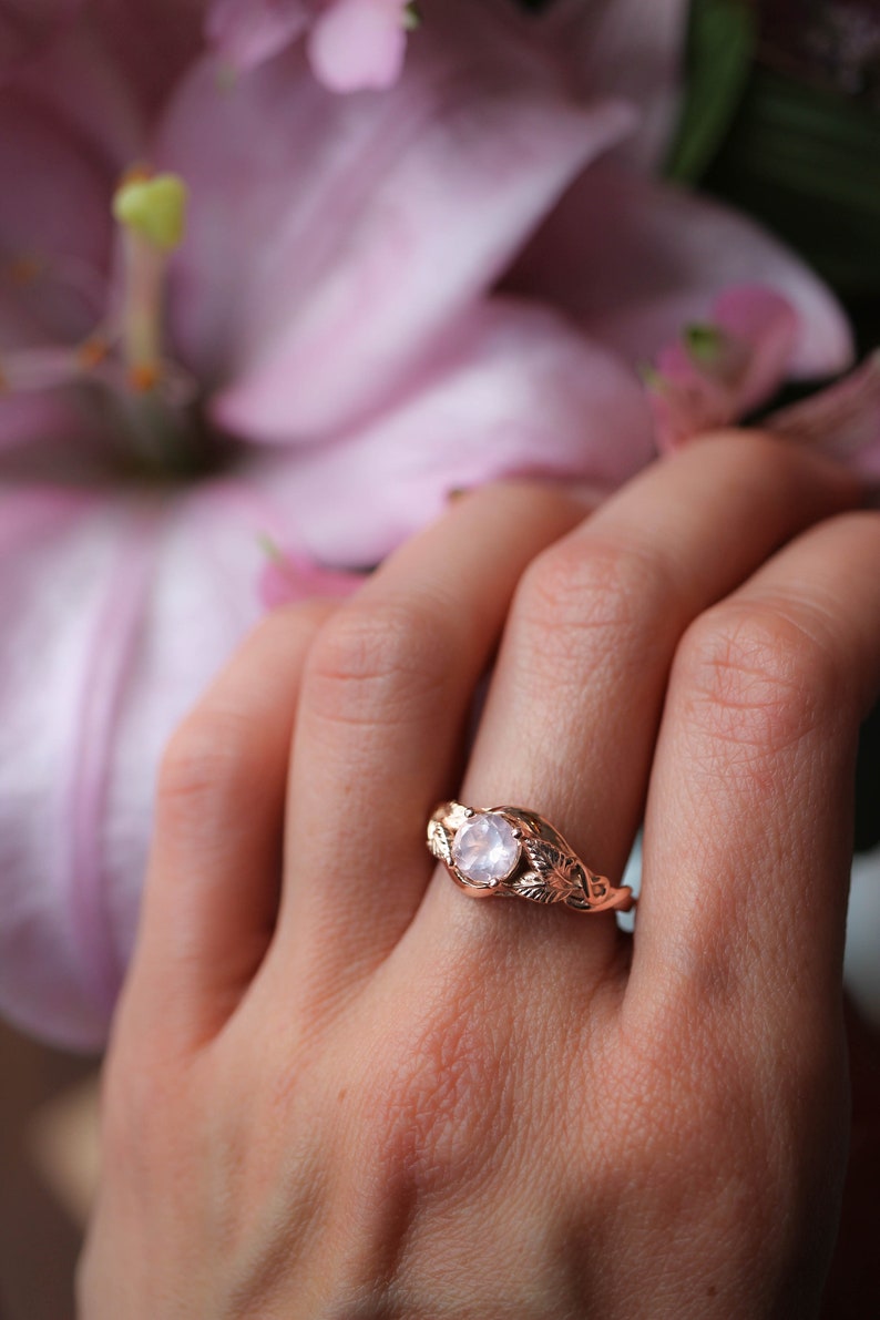 Rose quartz engagement ring, solid gold ring, leaves ring, ring for woman, unique ring, rose gold wedding band, romantic ring, nature ring image 3