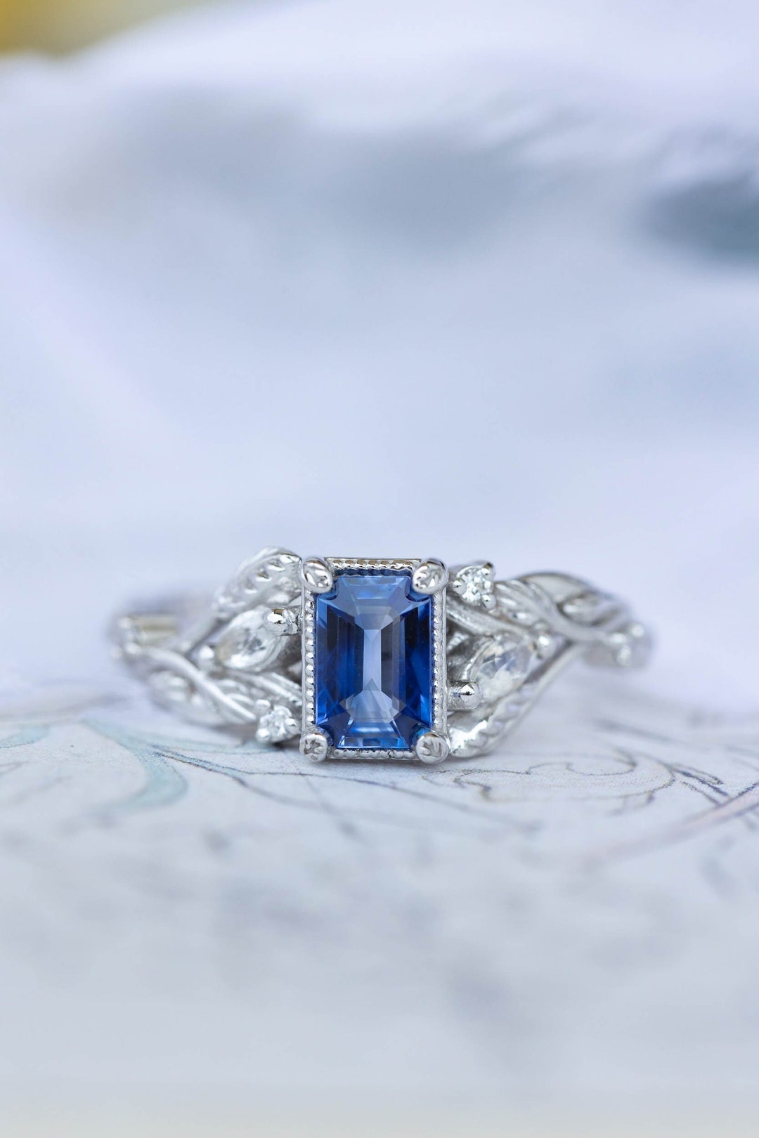 Blue Sapphire Engagement Ring With Accent Moonstones, Sapphire Nature