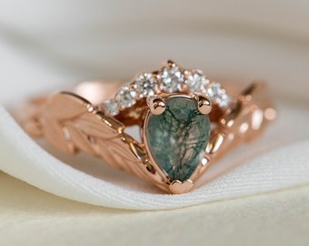 Pear cut Moss agate and Diamond Crown Engagement Ring, Unusual Palme Leaf Ring, Nature inspired botanical engagement in 14k or 18K Gold