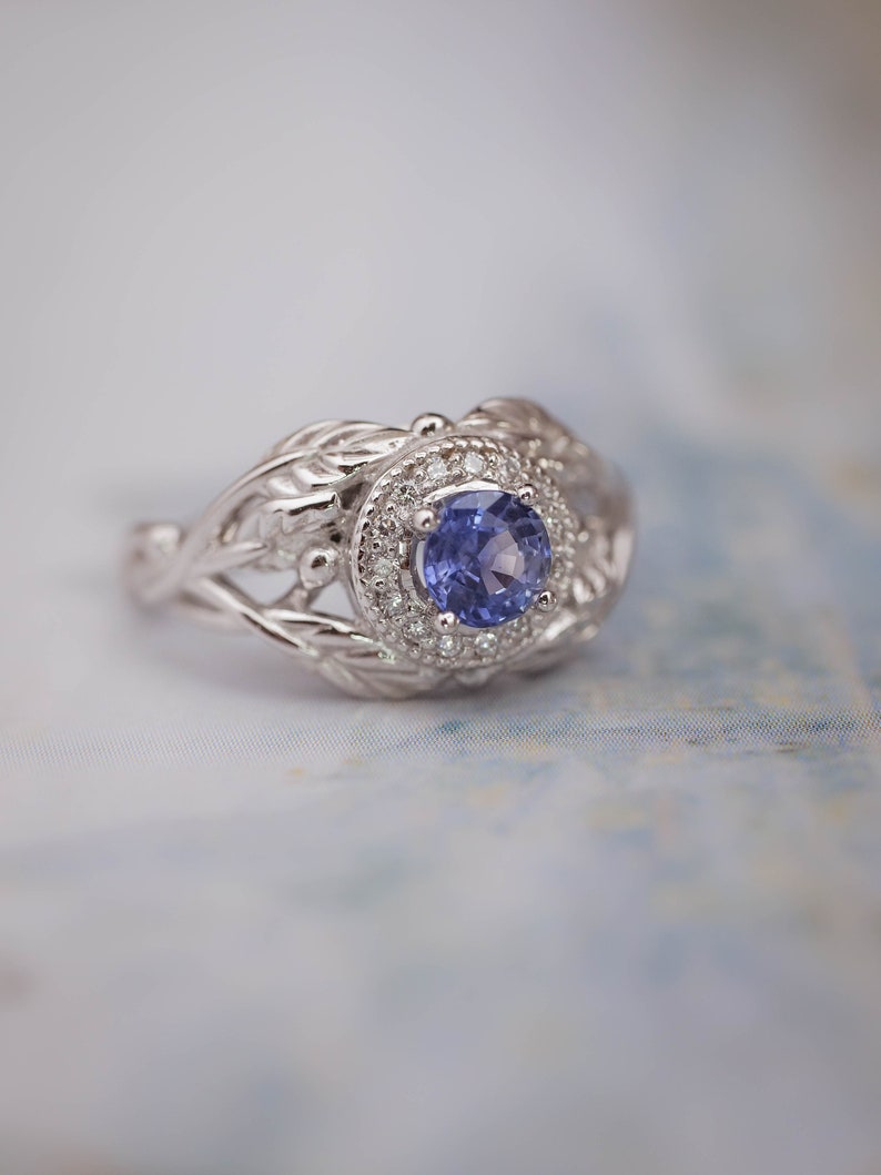 Sapphire Engagement Ring with Diamond Halo, White Gold Leaf Ring, Nature Inspired Ring, Leaf engagement ring, Light Blue Sapphire Ring image 4