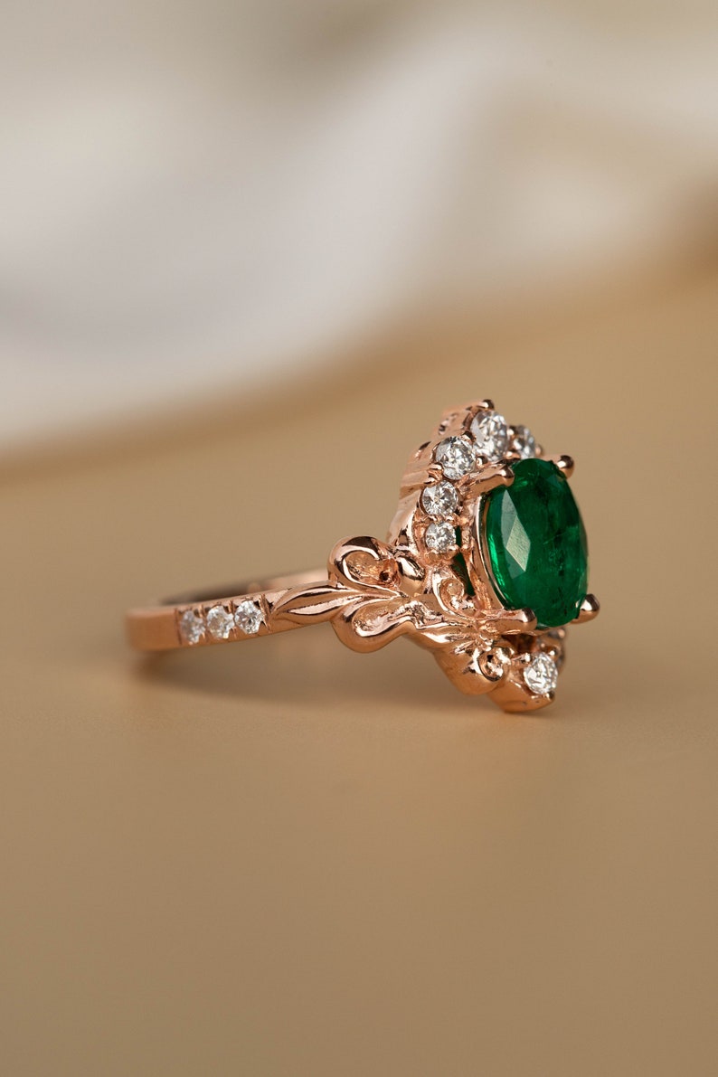 Ornate Engagement Ring Set, Natural Emerald Ring with Diamonds, 2pcs Bridal ring set, Baroque inspired Engagement in 14k or 18K Gold image 8