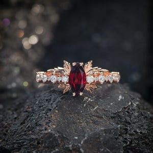 Marquise cut Red Garnet Ring, Unique Elvish Engagement Ring, Fantasy ring with Gold Leaves and Natural or Lab Diamonds in 14K or 18K Gold