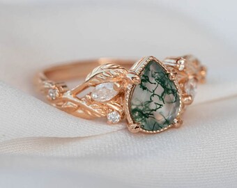 READY TO SHIP, Sizes 6.5-9Us, Moss Agate Engagement ring with Marquise Diamond leaves, Nature inspired Moss Agate Ring Elven engagement