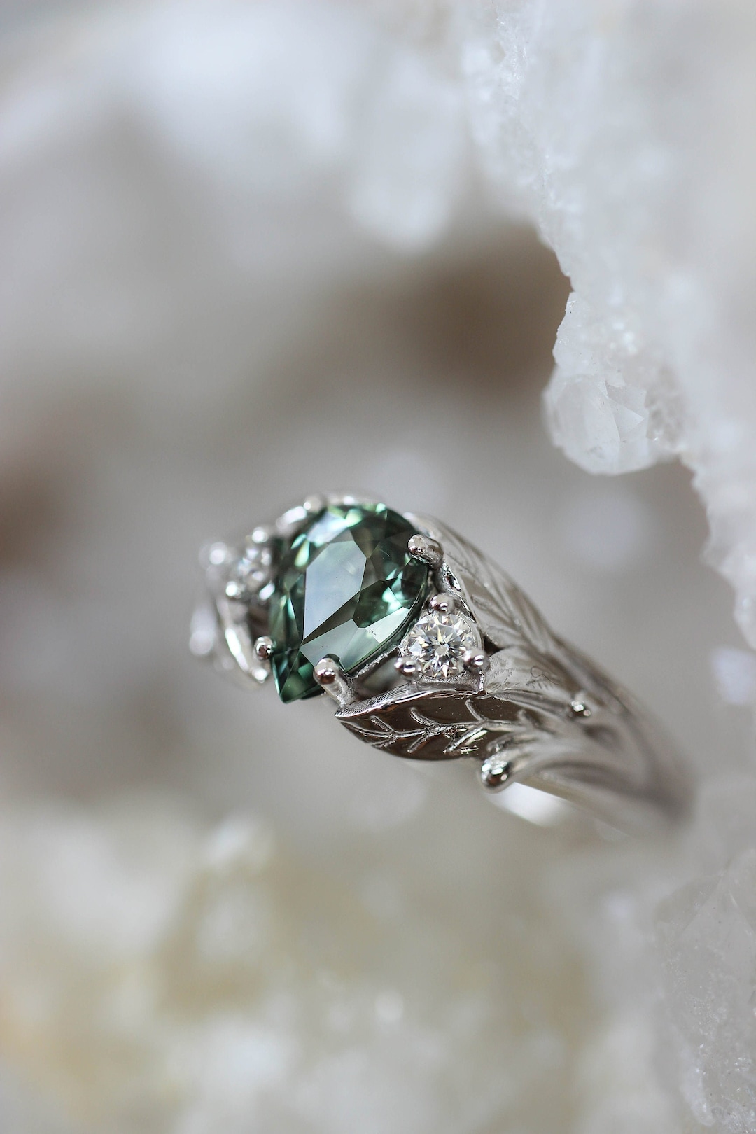 Green Sapphire Engagement Ring, White Gold Leaf Ring, Sapphire