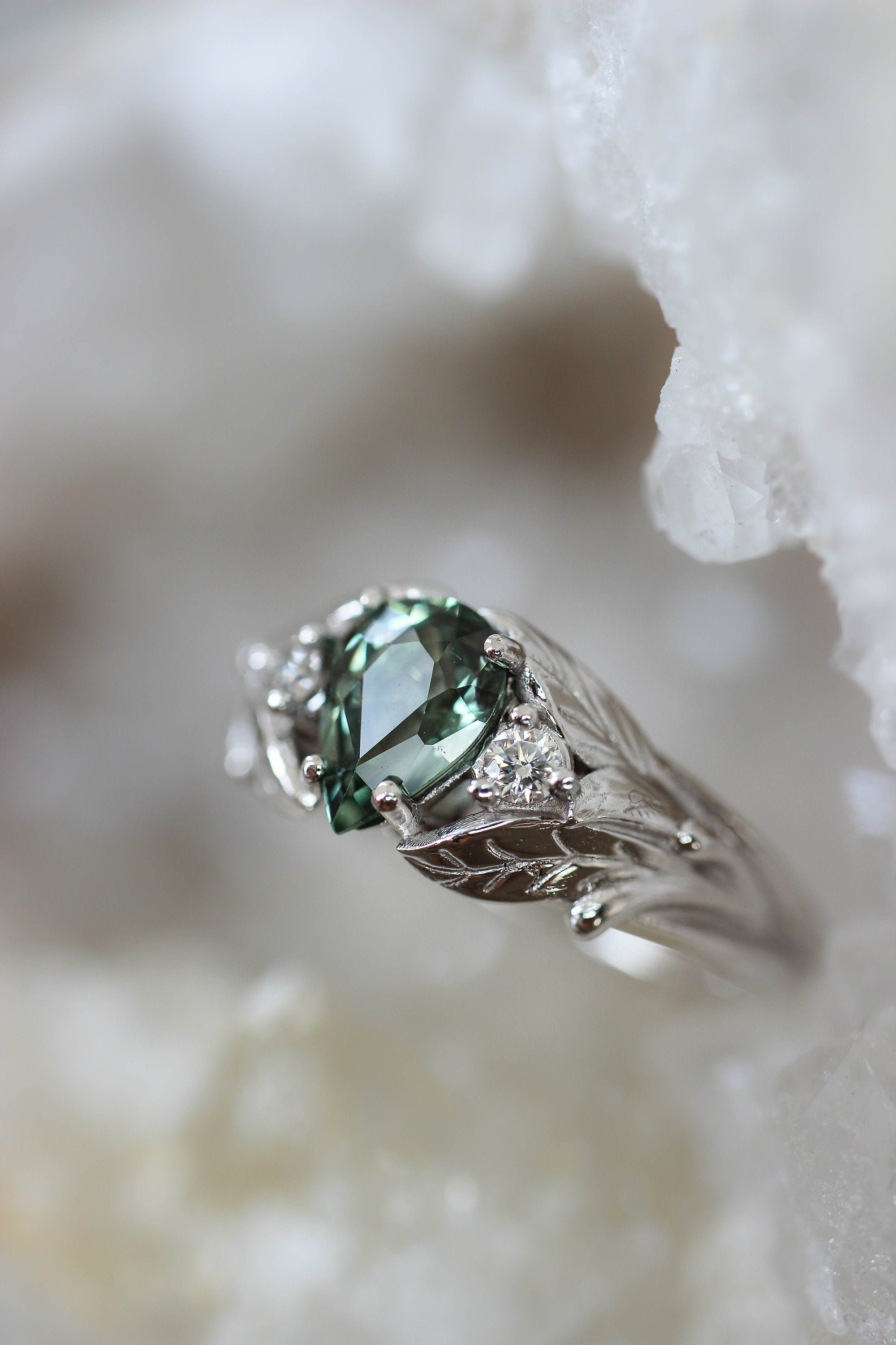 Green sapphire engagement ring, white gold leaf ring, sapphire & diamonds ring, leaves ring, nature engagement, ring for woman, unique ring