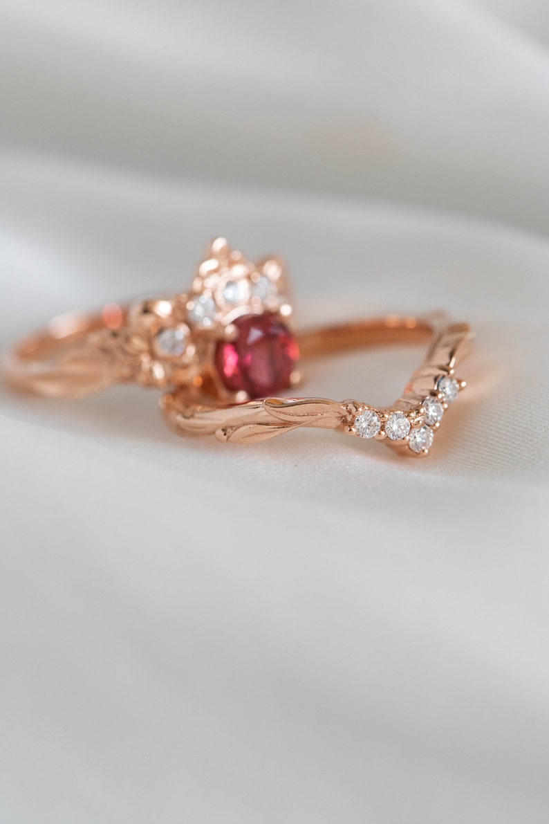Pink Tourmaline Engagement Ring, Nature inspired Diamond Crown ring, 14k or 18k Rose Gold Nature Ring for Ethical Engagement image 5
