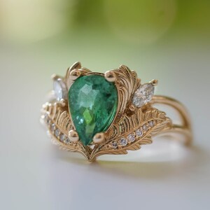 Elven Forest Green Emerald Ring and Curved Diamond Wedding Band Engagement Ring Set, Unique Nature Inspired Leaf Rings in 14k or 18k Gold image 6