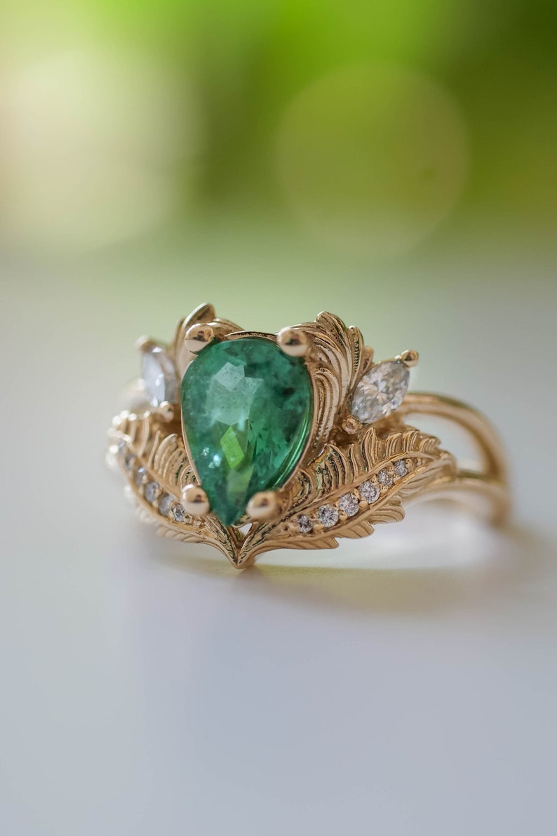 Elven Forest Green Emerald Ring and Curved Diamond Wedding Band Engagement Ring Set, Unique Nature Inspired Leaf Rings in 14k or 18k Gold image 6