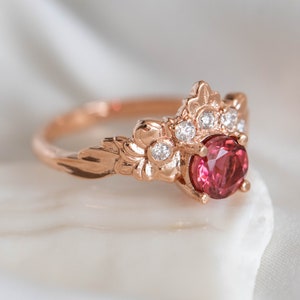 Pink Tourmaline Engagement Ring, Nature inspired Diamond Crown ring, 14k or 18k Rose Gold Nature Ring for Ethical Engagement image 3