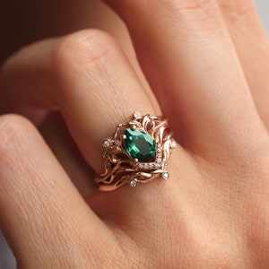 Lab emerald and moissanite ring, unique engagement ring, pear cut ring, leaves ring, emerald engagement, art nouveau ring, ring for woman image 6