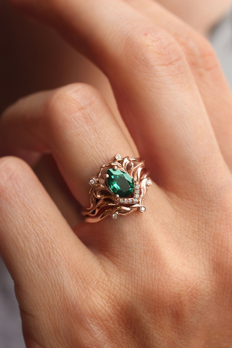 Lab emerald and moissanite ring, unique engagement ring, pear cut ring, leaves ring, emerald engagement, art nouveau ring, ring for woman image 6