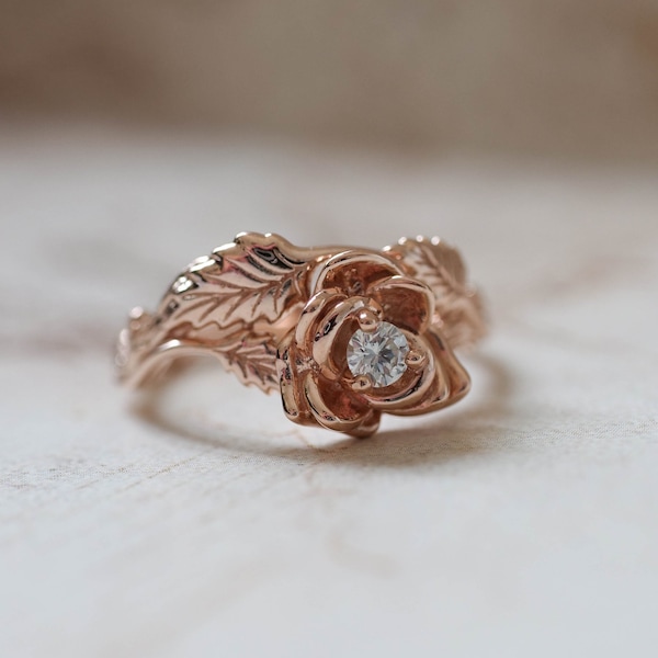 Enchanted Rose Ring - Bague de fiançailles en diamant en forme de rose Or rose, Naturel ou Moissanite, Bague de fiançailles fleur romantique, Or 14K ou 18K