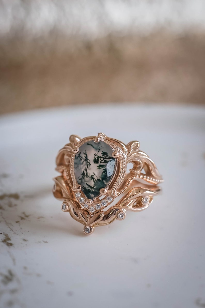 Pear cut Natural Moss agate Ring Set, Alternative Elvish Engagement Rings, Twig Engagement Ring & Wedding Ring Enhancer, 14K or 18k Gold image 4